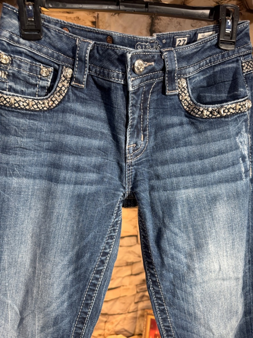 Miss Me Dark Blue Straight Leg Jeans with Embellished Pockets